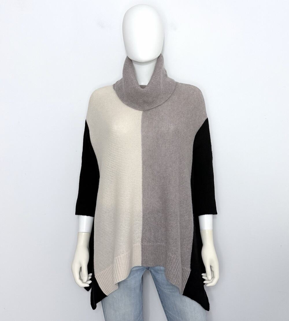 360 Cashmere Sweater Womens S Black Beige Mocha 3/4 Sleeve Turtleneck Asymmetric